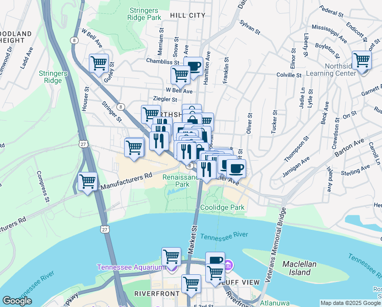 map of restaurants, bars, coffee shops, grocery stores, and more near 119 North Market Street in Chattanooga