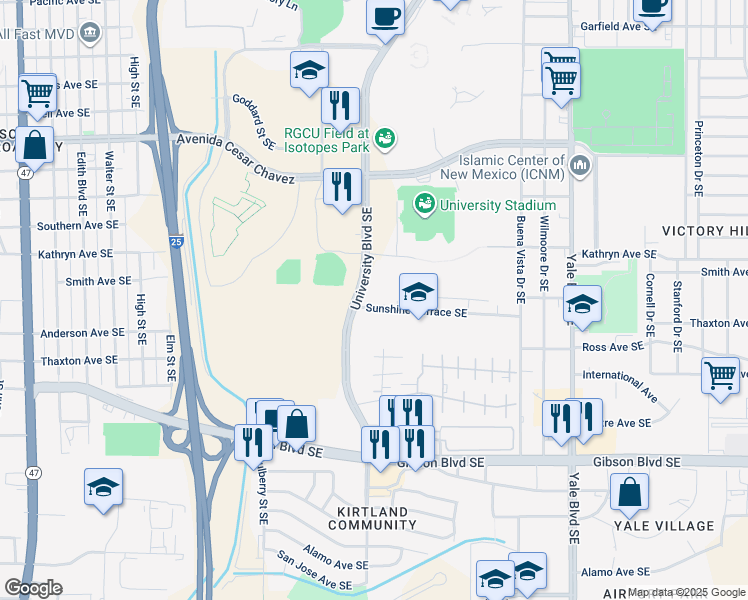 map of restaurants, bars, coffee shops, grocery stores, and more near 1611 Sunshine Terrace Southeast in Albuquerque