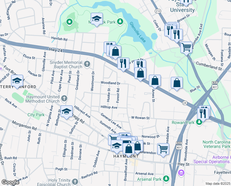 map of restaurants, bars, coffee shops, grocery stores, and more near 603 Forest Road in Fayetteville