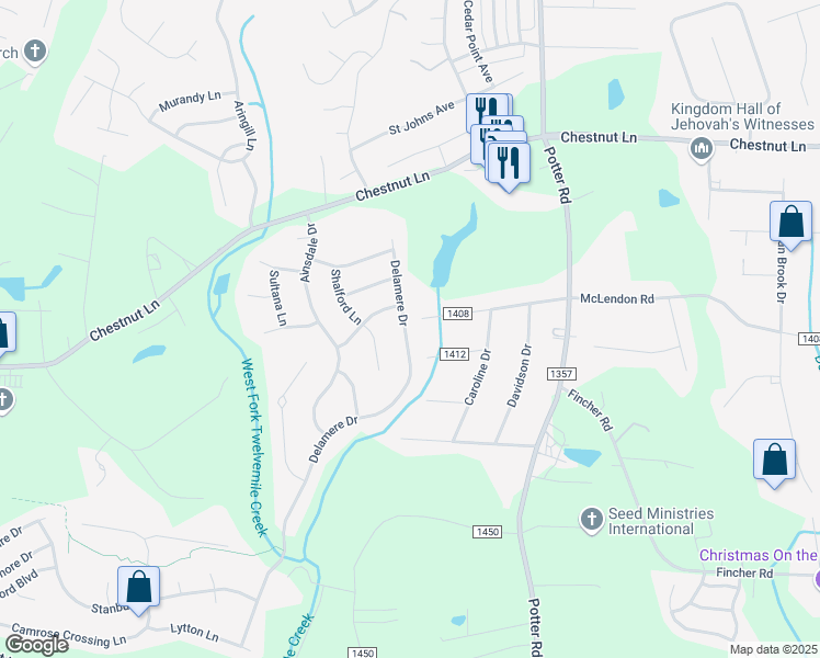 map of restaurants, bars, coffee shops, grocery stores, and more near 3430 Delamere Dr in Matthews