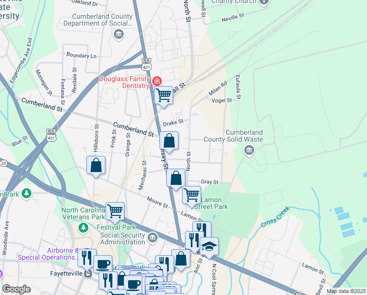 map of restaurants, bars, coffee shops, grocery stores, and more near 719 North Street in Fayetteville