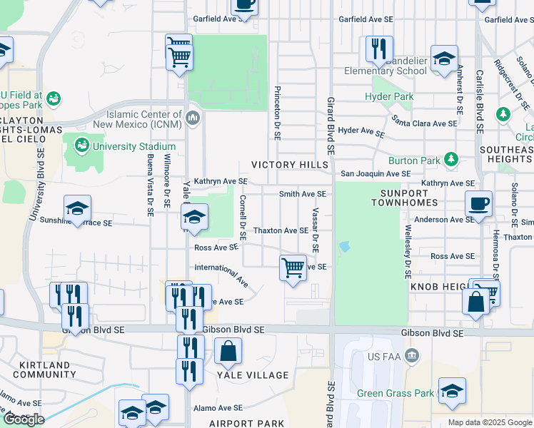 map of restaurants, bars, coffee shops, grocery stores, and more near 1624 Stanford Drive Southeast in Albuquerque