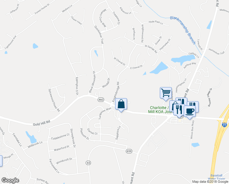map of restaurants, bars, coffee shops, grocery stores, and more near 823 Knightsbridge Road in Fort Mill