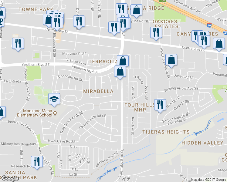 map of restaurants, bars, coffee shops, grocery stores, and more near 512 Glacier Bay Street Southeast in Albuquerque