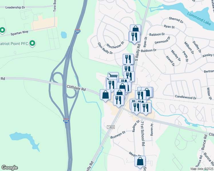 map of restaurants, bars, coffee shops, grocery stores, and more near 625 Marshtree Lane in Fayetteville