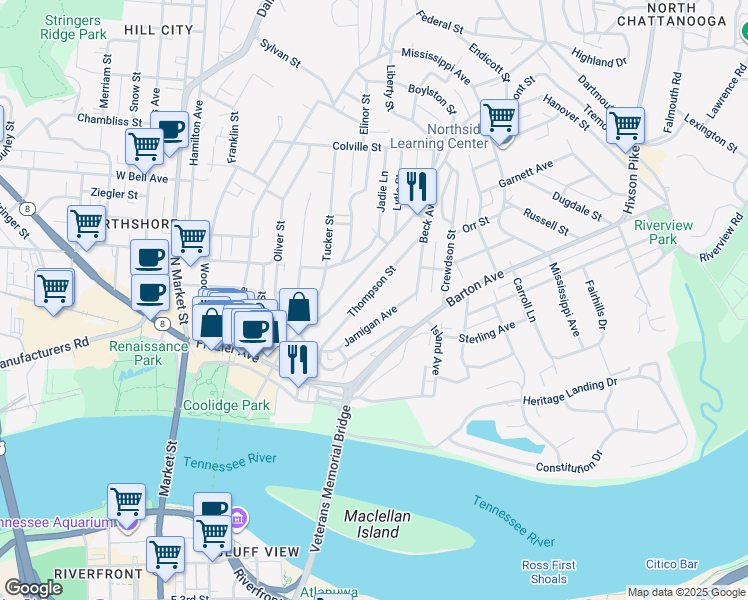 map of restaurants, bars, coffee shops, grocery stores, and more near 326 Thompson Street in Chattanooga