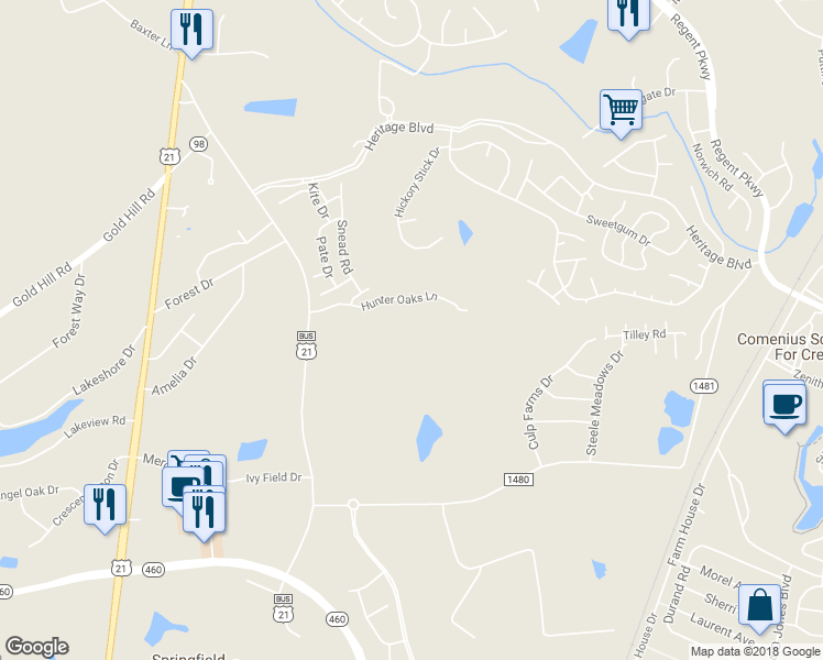 map of restaurants, bars, coffee shops, grocery stores, and more near 95 Hunter Oaks Lane in Fort Mill
