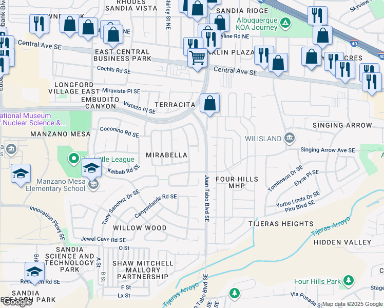 map of restaurants, bars, coffee shops, grocery stores, and more near 512 Glacier Bay Street Southeast in Albuquerque