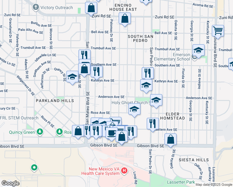 map of restaurants, bars, coffee shops, grocery stores, and more near 1038 Palomas Drive Southeast in Albuquerque