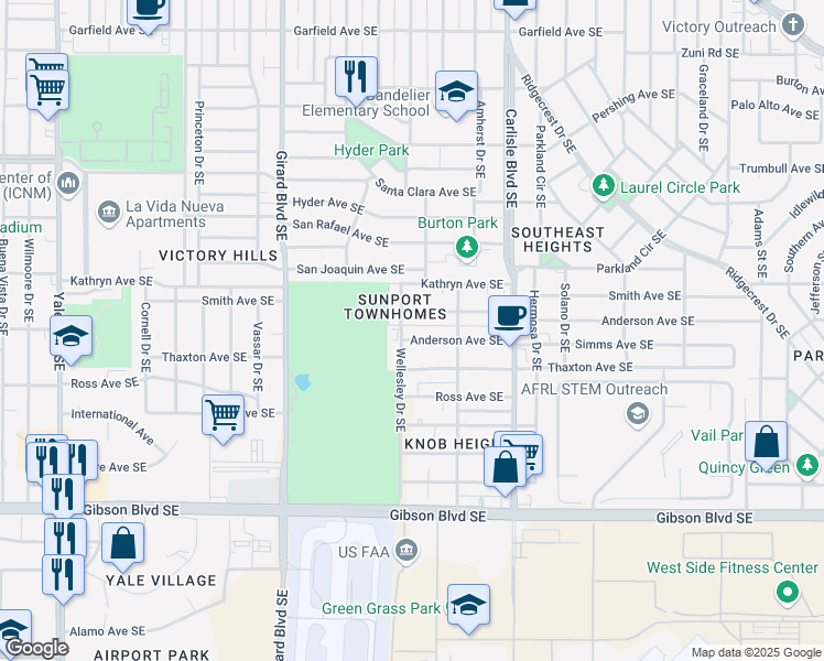 map of restaurants, bars, coffee shops, grocery stores, and more near 3409 Anderson Avenue Southeast in Albuquerque
