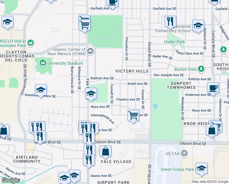 map of restaurants, bars, coffee shops, grocery stores, and more near 1628 Cornell Drive Southeast in Albuquerque