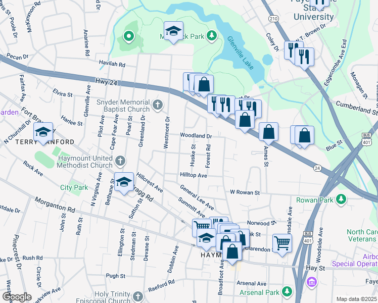 map of restaurants, bars, coffee shops, grocery stores, and more near 1328 Jordan Street in Fayetteville