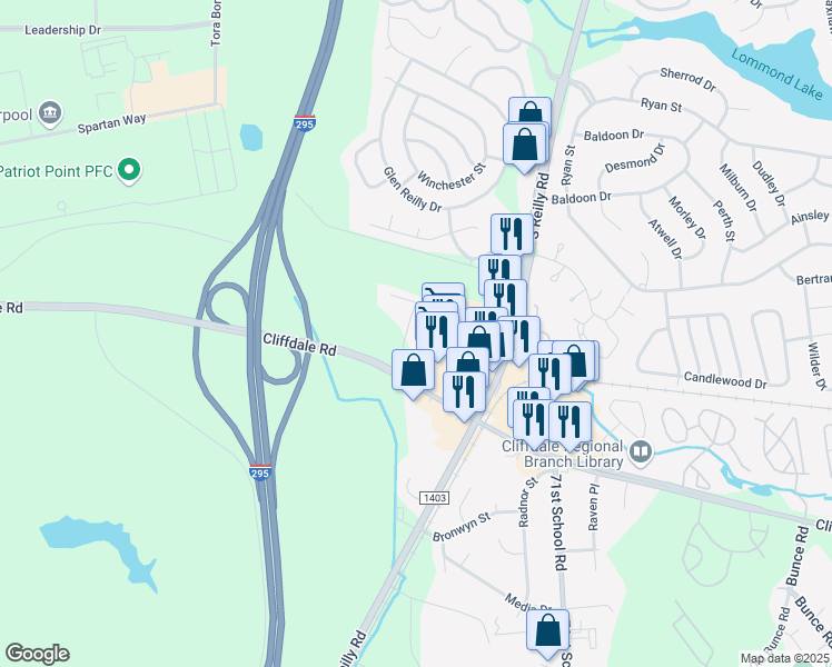 map of restaurants, bars, coffee shops, grocery stores, and more near 690 South Reilly Road in Fayetteville