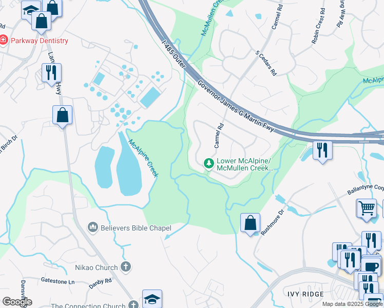 map of restaurants, bars, coffee shops, grocery stores, and more near 312 Vista Grande Circle in Charlotte