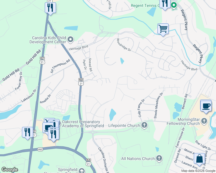 map of restaurants, bars, coffee shops, grocery stores, and more near 95 Hunter Oaks Lane in Fort Mill