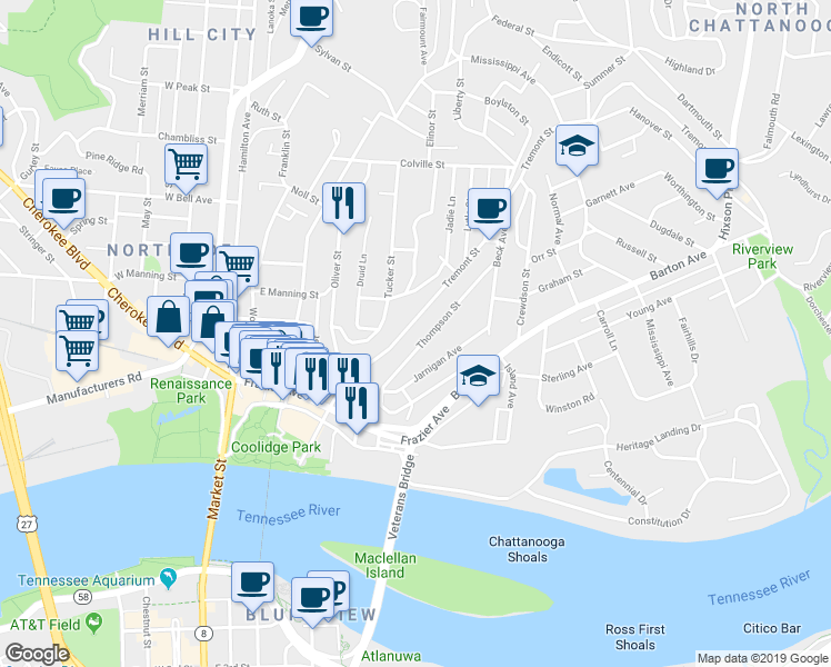 map of restaurants, bars, coffee shops, grocery stores, and more near 312 Tremont Street in Chattanooga