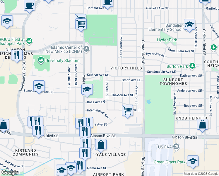 map of restaurants, bars, coffee shops, grocery stores, and more near 1628 Cornell Drive Southeast in Albuquerque