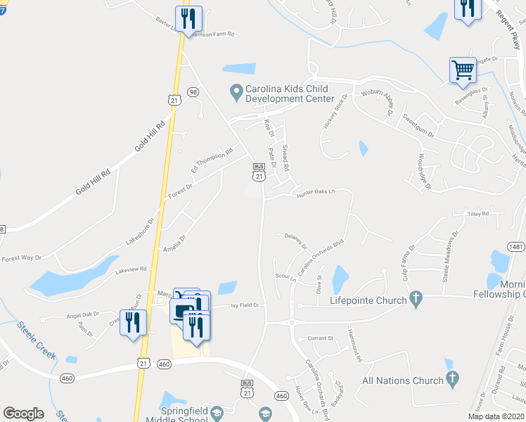 map of restaurants, bars, coffee shops, grocery stores, and more near Old Nation Road in Fort Mill