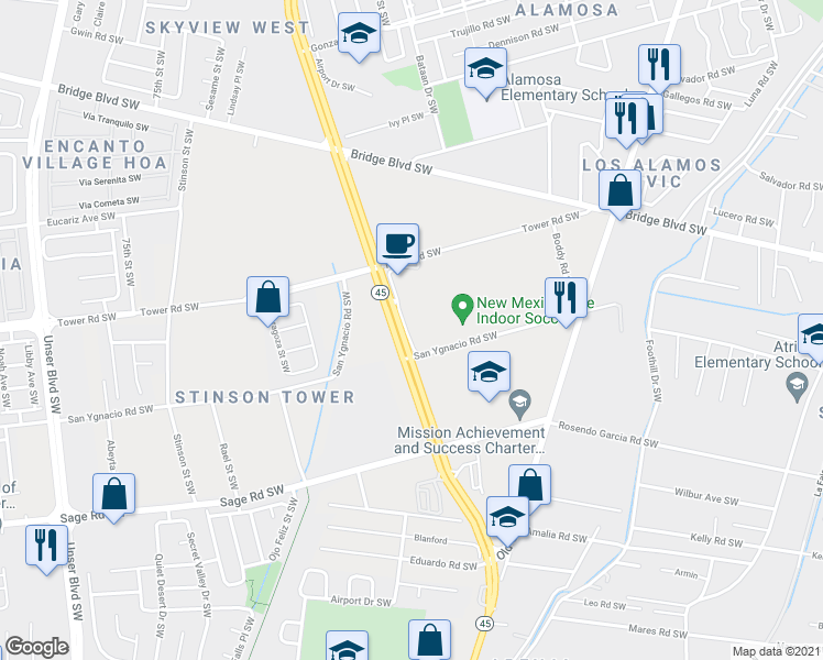 map of restaurants, bars, coffee shops, grocery stores, and more near 1100 Coors Boulevard Southwest in Albuquerque