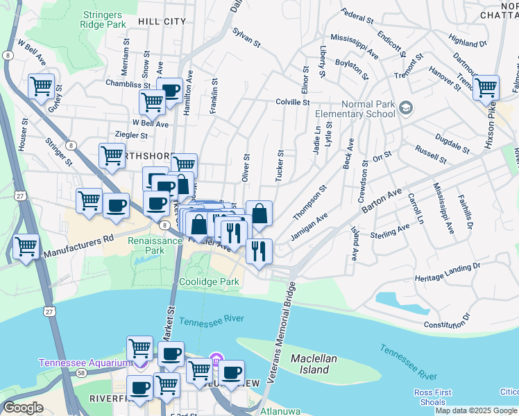 map of restaurants, bars, coffee shops, grocery stores, and more near 327 Tucker Street in Chattanooga