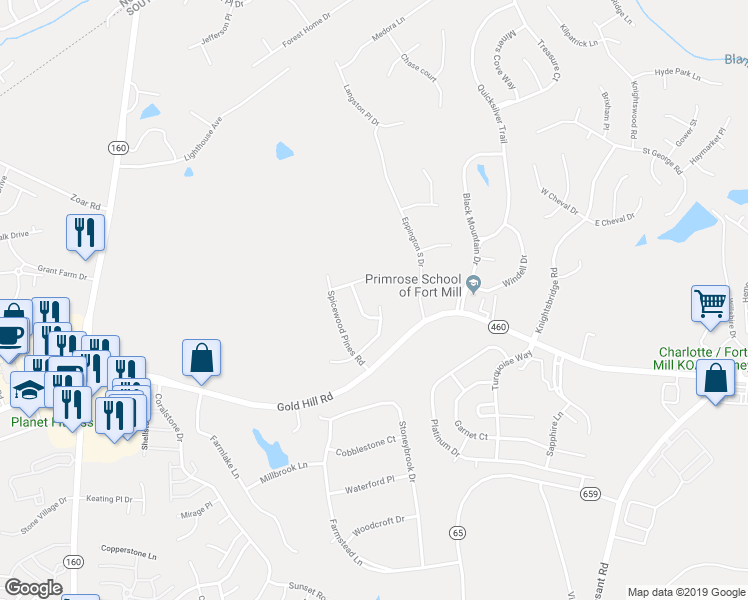 map of restaurants, bars, coffee shops, grocery stores, and more near 247 Sycamore Creek Road in Fort Mill