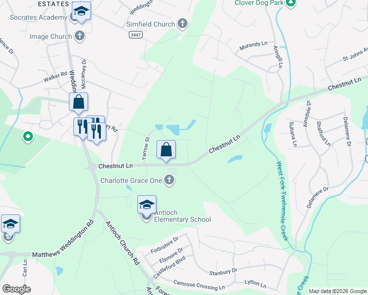 map of restaurants, bars, coffee shops, grocery stores, and more near 321 Hidden Cove Lane in Stallings