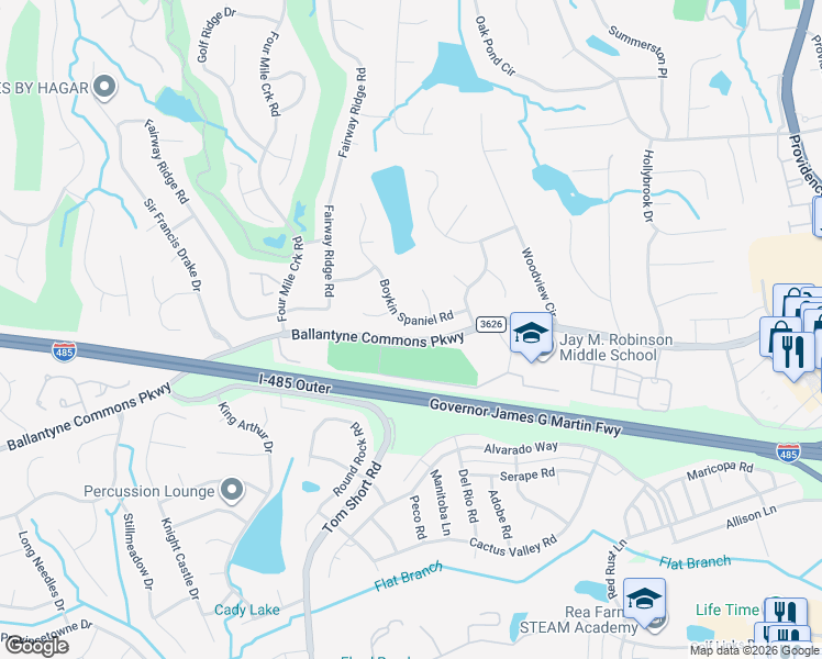 map of restaurants, bars, coffee shops, grocery stores, and more near 6209 Boykin Spaniel Road in Charlotte