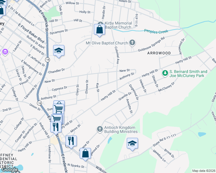 map of restaurants, bars, coffee shops, grocery stores, and more near 612 Anthony Street in Gaffney