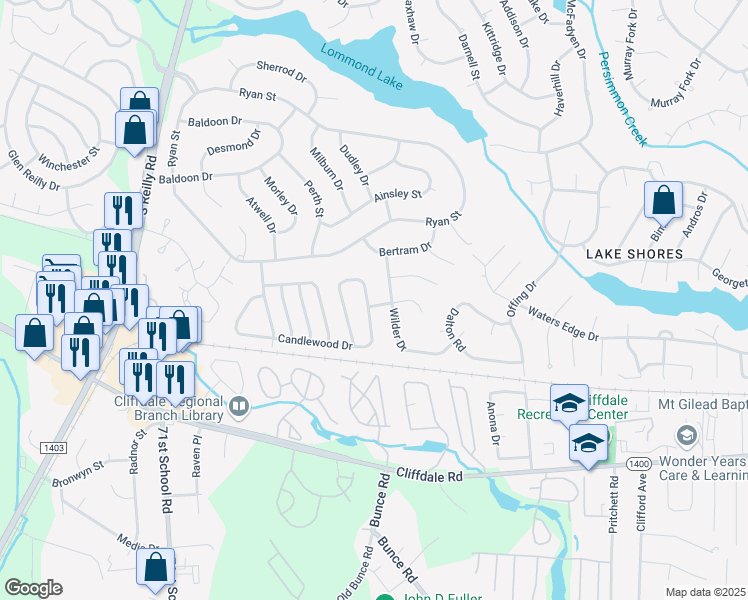 map of restaurants, bars, coffee shops, grocery stores, and more near 6859 Candlewood Drive in Fayetteville