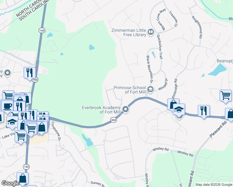 map of restaurants, bars, coffee shops, grocery stores, and more near 247 Sycamore Creek Road in Fort Mill