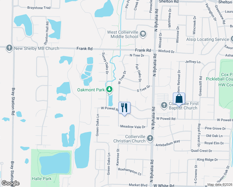 map of restaurants, bars, coffee shops, grocery stores, and more near 901 West Tree Drive in Collierville