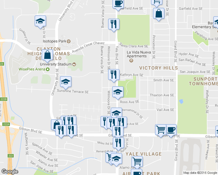 map of restaurants, bars, coffee shops, grocery stores, and more near Wilmoore Drive Southeast in Albuquerque