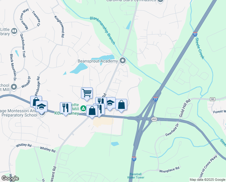 map of restaurants, bars, coffee shops, grocery stores, and more near Ayrshire Avenue in Fort Mill