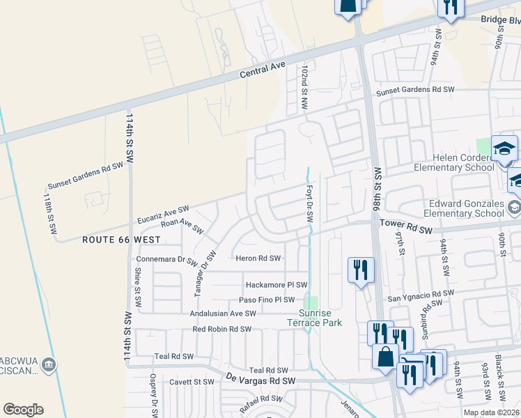 map of restaurants, bars, coffee shops, grocery stores, and more near 512 McCloskey Drive Southwest in Albuquerque