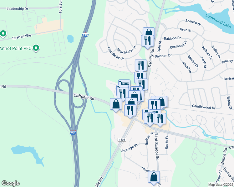map of restaurants, bars, coffee shops, grocery stores, and more near 625 Marshtree Lane in Fayetteville