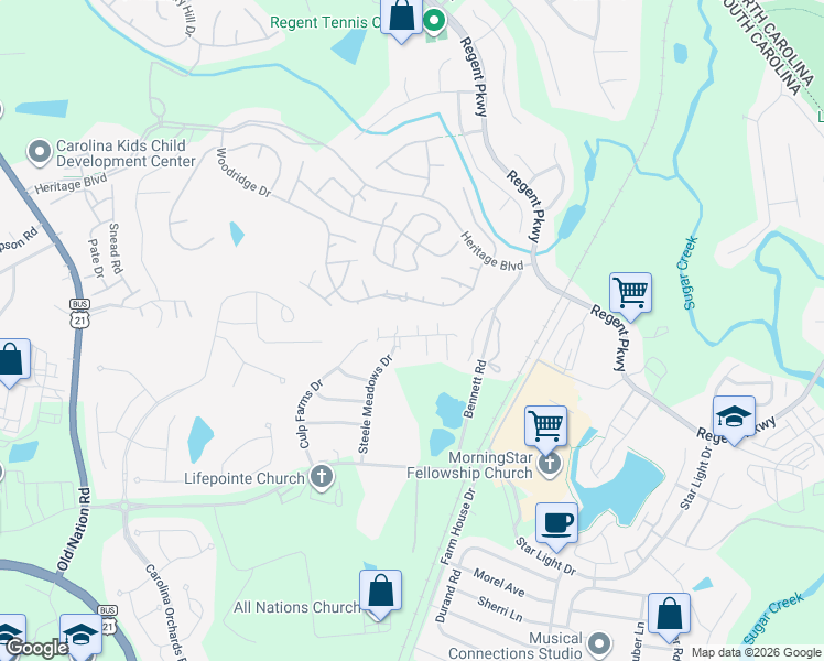 map of restaurants, bars, coffee shops, grocery stores, and more near 409 Kilberry Lane in Fort Mill
