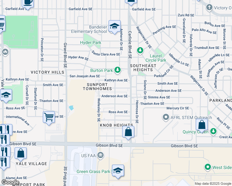 map of restaurants, bars, coffee shops, grocery stores, and more near 1012 Amherst Drive Southeast in Albuquerque