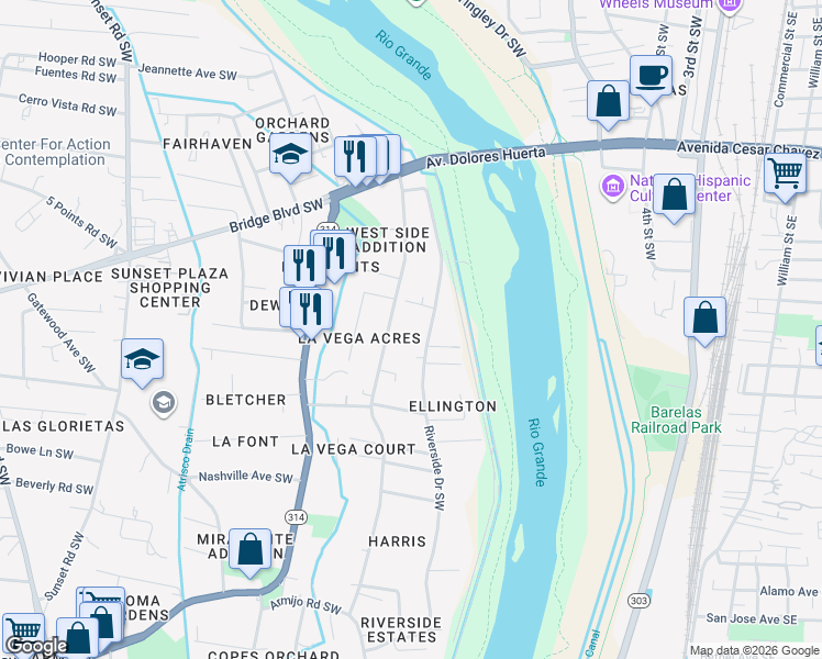 map of restaurants, bars, coffee shops, grocery stores, and more near 331 Riverside Drive Southwest in Albuquerque