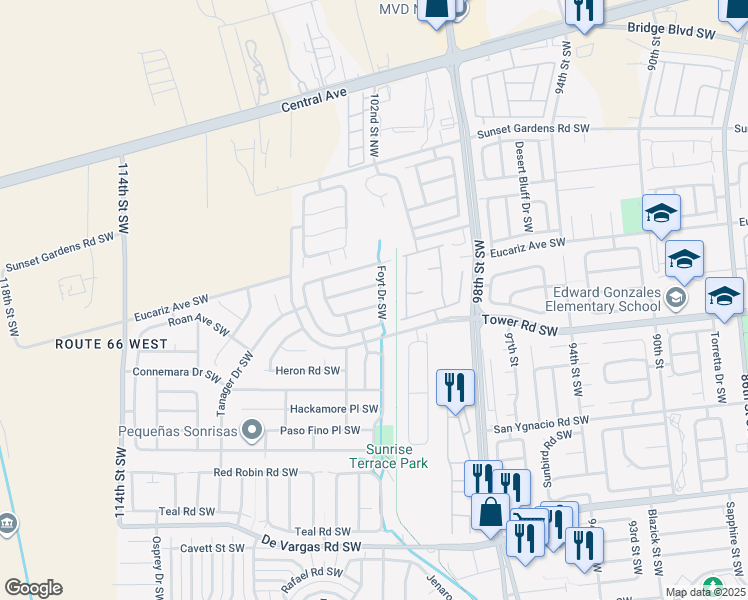 map of restaurants, bars, coffee shops, grocery stores, and more near 10305 Ongais Avenue Southwest in Albuquerque