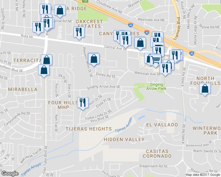 map of restaurants, bars, coffee shops, grocery stores, and more near 12726 Singing Arrow Avenue Southeast in Albuquerque