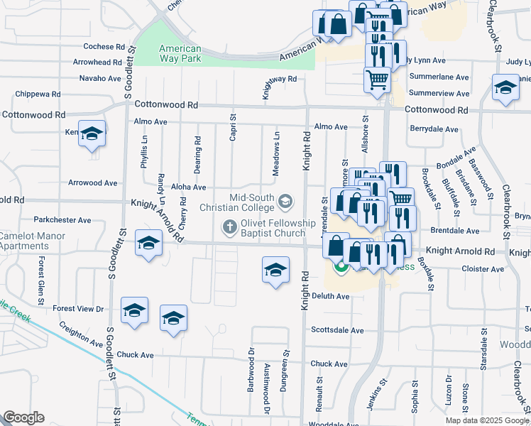 map of restaurants, bars, coffee shops, grocery stores, and more near 3110 Knightway Road in Memphis