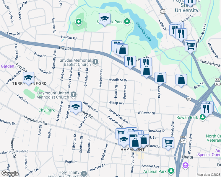 map of restaurants, bars, coffee shops, grocery stores, and more near 1328 Jordan Street in Fayetteville