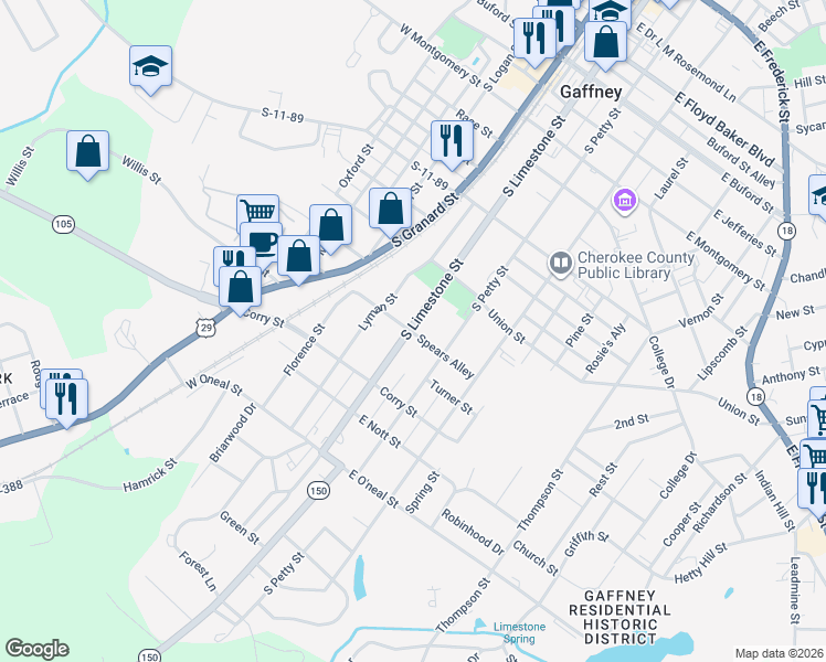 map of restaurants, bars, coffee shops, grocery stores, and more near 611 South Limestone Street in Gaffney