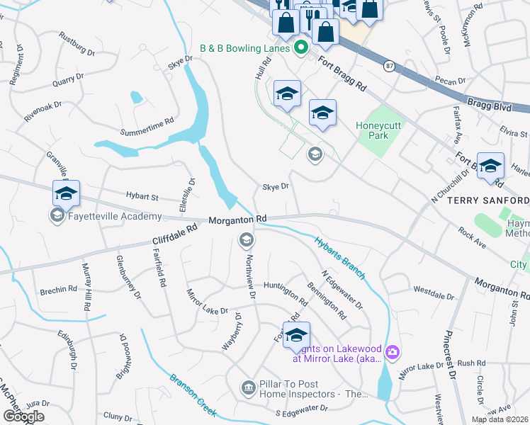 map of restaurants, bars, coffee shops, grocery stores, and more near 2718 Morganton Road in Fayetteville