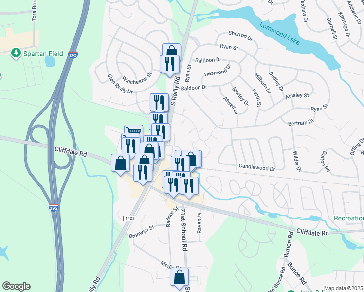 map of restaurants, bars, coffee shops, grocery stores, and more near 6535 Jefferey Drive in Fayetteville