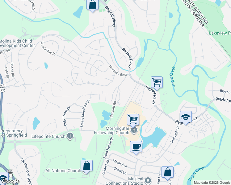 map of restaurants, bars, coffee shops, grocery stores, and more near 411 Heritage Parkway in Fort Mill