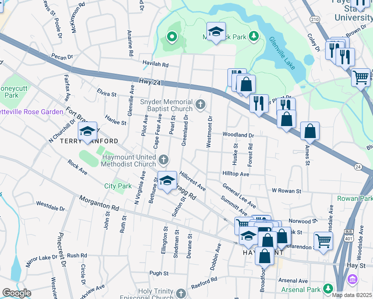 map of restaurants, bars, coffee shops, grocery stores, and more near 608 Greenland Drive in Fayetteville