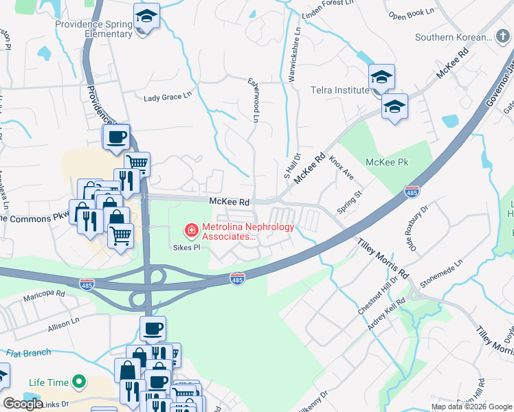 map of restaurants, bars, coffee shops, grocery stores, and more near 4659 McKee Road in Charlotte