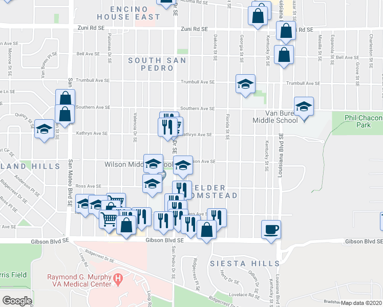 map of restaurants, bars, coffee shops, grocery stores, and more near 828 Arizona Street Southeast in Albuquerque