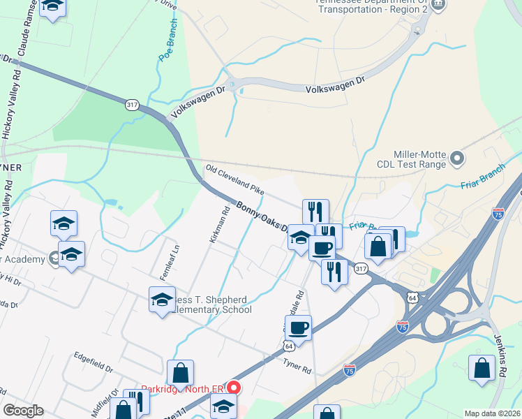 map of restaurants, bars, coffee shops, grocery stores, and more near 7211 Bonny Oaks Drive in Chattanooga